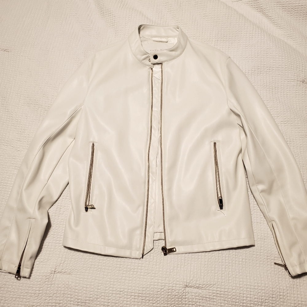 Mens Zara white leather racer jacket